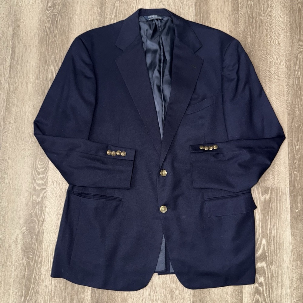 Vintage Polo Ralph Lauren Navy Blue Gold Button Blazer Men's 44L Two Button Wool